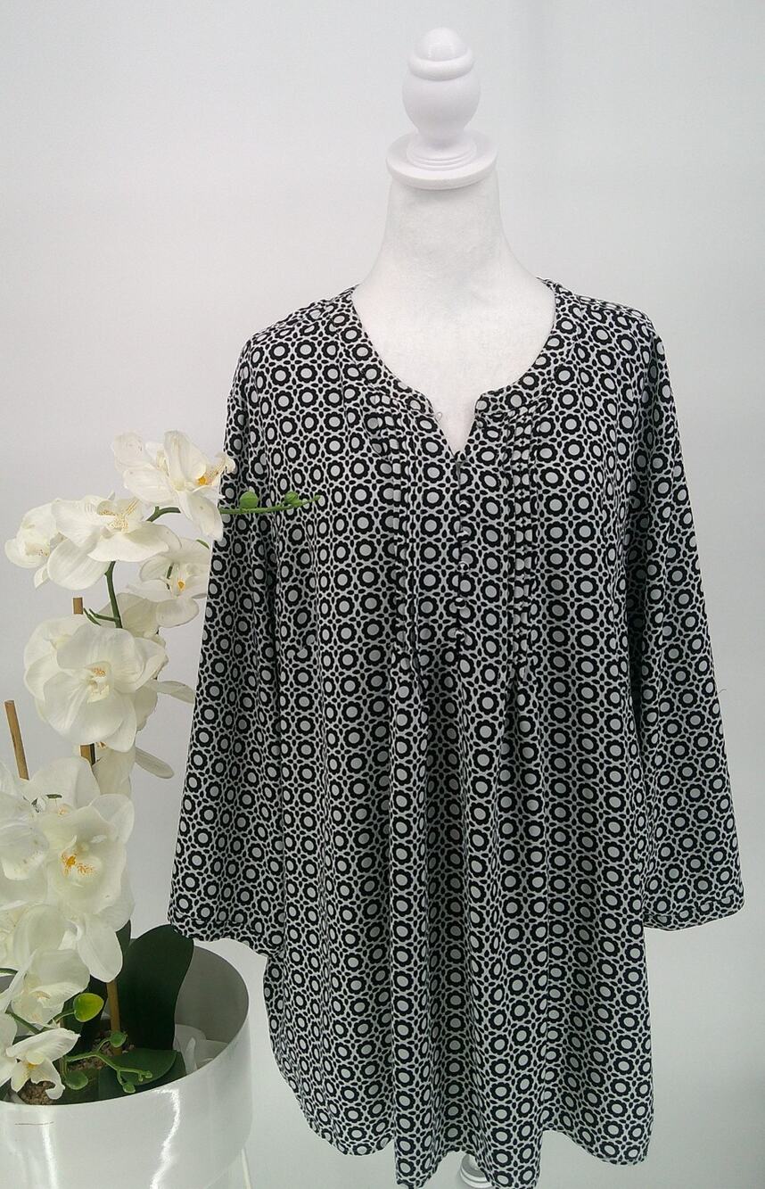Croft & Barrow Womens Black White Floral Long Sleeve Pintuck Blouse Size 3XL